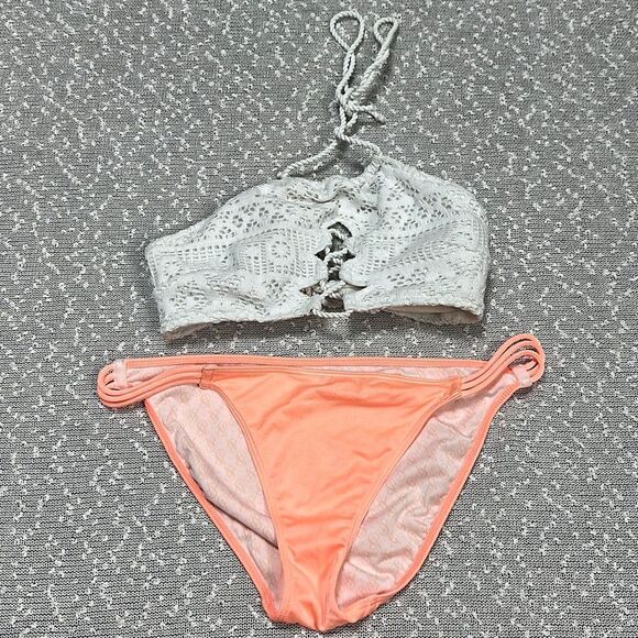 VICTORIA'S SECRET Coral White Lace Bikini Swim Swimsuit Medium - Picture 1 of 9